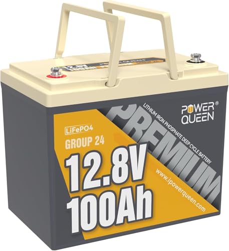 Power Queen 12V 100Ah LiFePO4 Battery, Group 24 Lithium Battery Built-in 100A BMS, Max.1280W Load Power, 15000+ Deep Cycles RV Batter for Travel Trailer, Motorhome, Boat, Solar