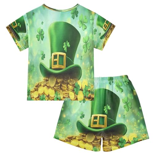 ALAZA Hat Gold Coin Patrick's Day Clover Leaf Pajamas Set Short Sleeve Cotton Sleepwear Summer Pjs 2 Piece 5-14Y2