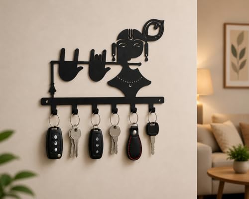Image of Ventuos Metal Wall Mounted Key Holder with 6 Hooks, Krishna Design, Key Organizer for Home Office Bedroom Entryway
