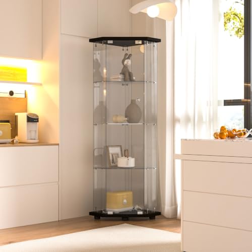 Image of LFT HUIMEI2Y 4-Tier Glass Corner Cabinet with Lock, Display Case Black