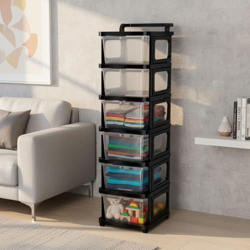 Image of Aliensware 6Layer Plastic Storage Drawer Organizer with Wheels, Modular Cabinet for Home, Office, School, Hospital, Parlor, Morden Kitchen,Clothes, Toys Organiser for Kids Room-Aliens-Clear Black