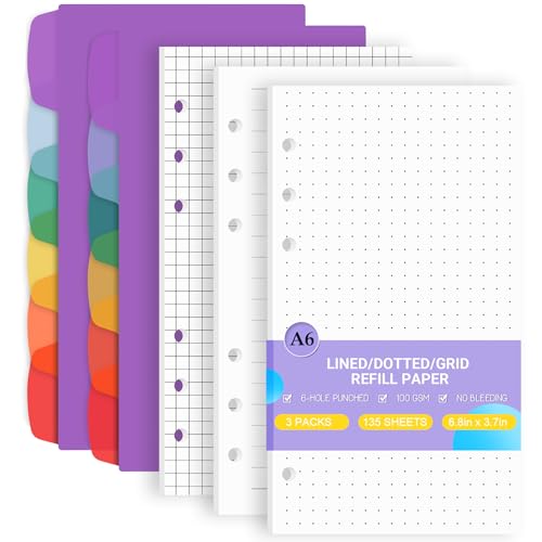 Papier de remplissage A6 à 6 trous Antner 135 feuilles avec diviseurs pour notes