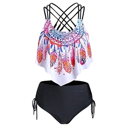 Women Feather Print Strappy Cinched Tankini Swimwear