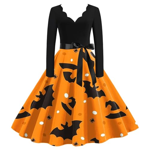 Halloween Dress Long Sleeve Dresses for Women V-Neck A Line Cocktail Pumpkin Printed with Belt Bow - image 4