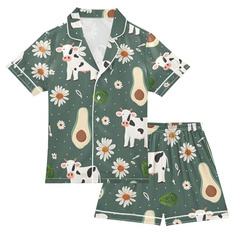ALAZA Cow Daisy Flower Avocado Pajamas Satin Pajama Set Short Sleeve Button Down Sleepwear