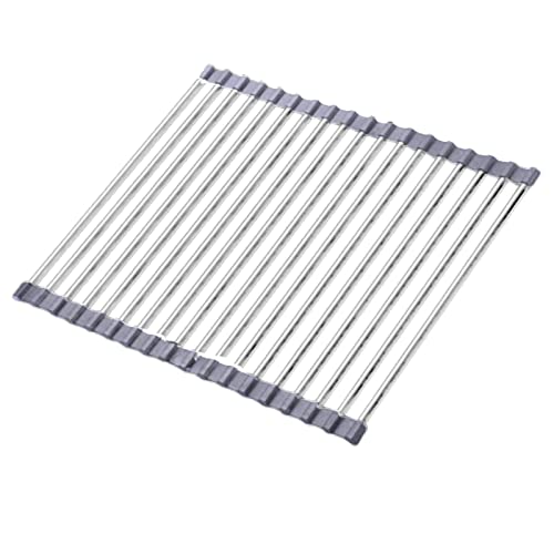 Escurreplatos plegable de acero inoxidable para frutas y verduras que ahorra espacio, diseño elegante (gris, 45 x 49 cm) - Estante de cocina y secado