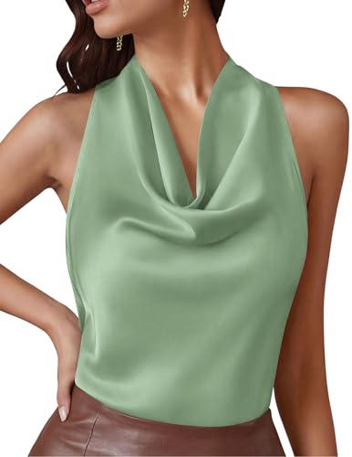 PRETTYGARDEN Silk Satin Halter Tops for Women Summer...