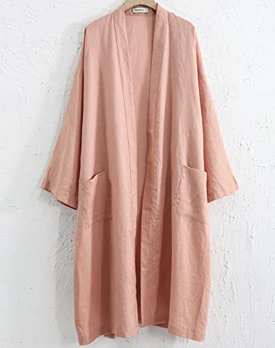 Image of Amazhiyu Womens Pure Linen Mid Length Kimono Robes Lightweight Long Sleeve Bathrobe