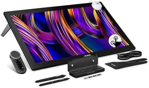 Tableta digitalizadora HUION KAMVAS Pro 27 (144 Hz) con pantalla 4K UHD, tecnología PenTech 4.0, vidrio Canvas Glass 3.0, 98 % Adobe RGB, multi-touch, con control remoto Keydial y brazo para monitor miniatura 2