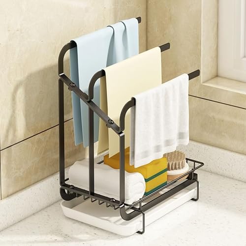 Image of Kitchen Sink Organizer with Towel Holder | Rustproof Stainless Steel Countertop Storage for Sponge, Soap & Dishcloth | Removable Drip Tray