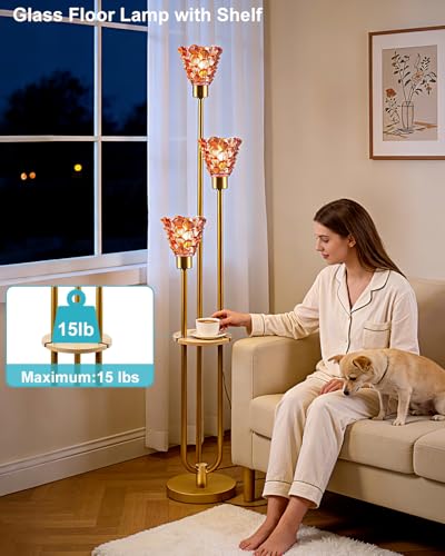 Image of 3-Light Modern Glass Floor Lamp with Shelf, Gold Tall Standing Lamp with Deep Red Flower Glass Shade, LED Floor Lamp with Foot Switch& 5Lbs Heavy Base for Living Room Bedroom, Bulb Included
