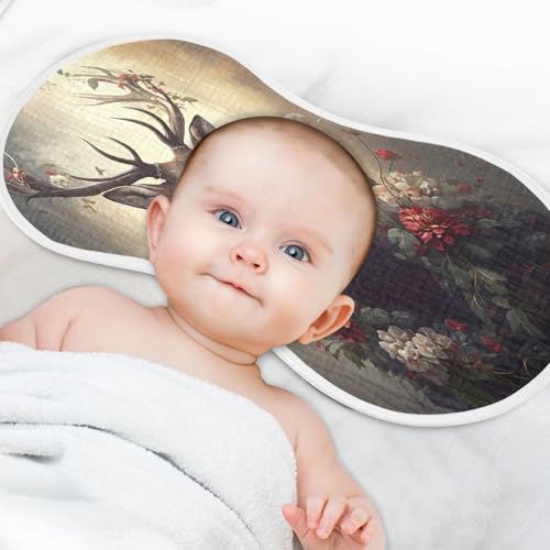 J JOYSAY Floral Deer Beige Baby Burp Cloths for Boys Girls Large 22''x11'' Cotton 4 Layer Cloth Baby Essentials for Infant Newborn one sizex14