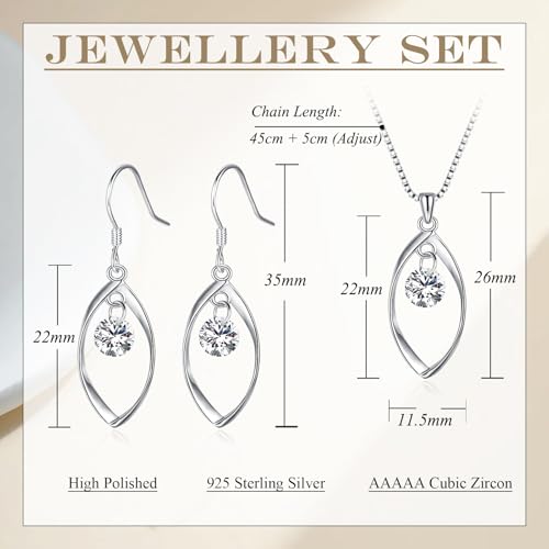 Silver Jewellery Set for Women, 925 Sterling Silver Women's Jewellery Sets with White/Blue/Pink Zirconia, Hypoallergenic Twist Pendant Necklace & Hook Dangle Earrings Set Gift with Gift box - Image 3