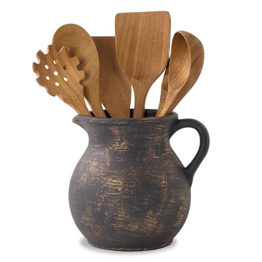 21+ Enchanting Cottagecore Kitchen Ideas to Transform Your Space 4 MIYUKI Rustic Kitchen Utensil Holder - 7.6 Inch Ceramic Utensil Crock for Countertop, Vintage Kitchen Counter Decor