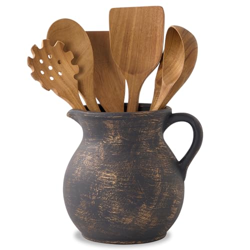 MIYUKI Rustic Kitchen Utensil Holder - 7.6 Inch Ceramic Utensil Crock...