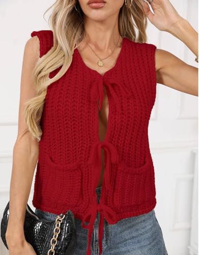 Image of Trendy Cardigan Sweater Vest Crochet Knit Top Sleeveless Bows with Pockets