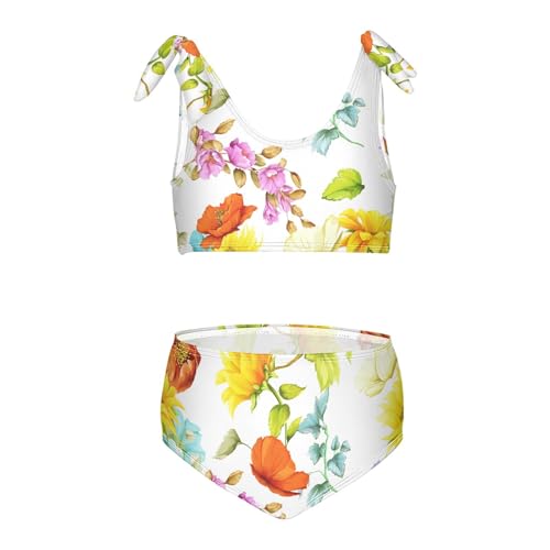 Girls Sunflowers and Poppy Pattern Swimsuit Two Pieces Bikini Set Bathing Suits Swimwear Crop Top Swimsuit Set