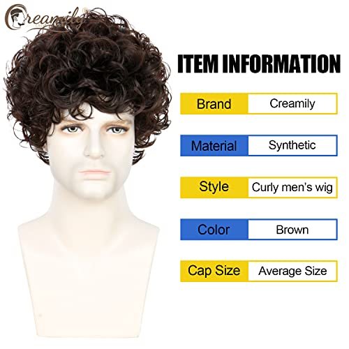 Image of Creamily Curly Synthetic Hair Wig for Men | Full Head Wig for Men with Buckle Net | Heat-Resistant Curly Hair Wig for Man for Daily Styling & Events (8Inch, Natural Brown)