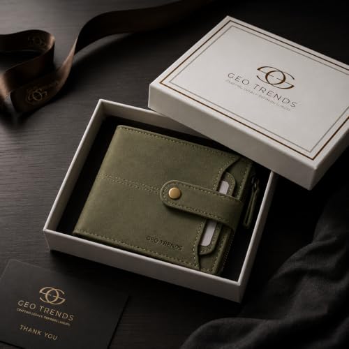 Image of RFID Blocking Leather Wallet Men, Coin Pocket (Olive Green)
