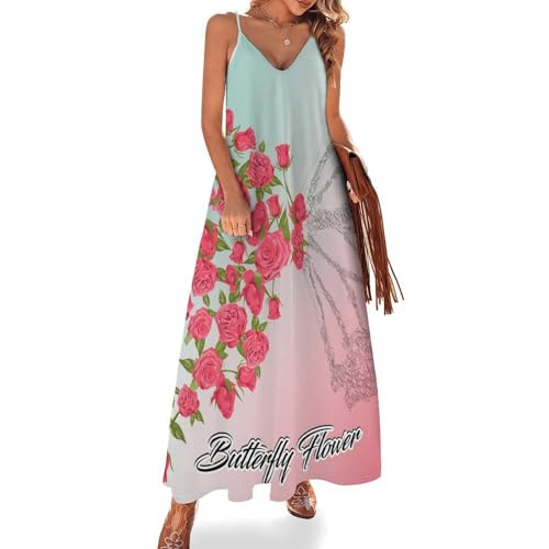Robe longue d'été papillon rose sans manches robe maxi col V