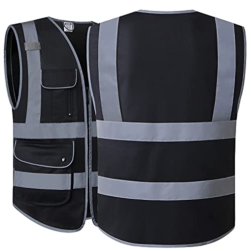 Hataunki Class 2 Retro-Reflection Safety Vests 9 Pockets And Front Zipper Ansi/Isea 107-2015 (Black-03, Medium) #TOP1