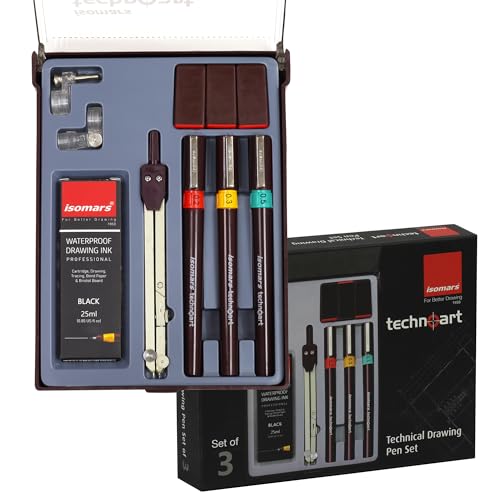 Image of Isomars Technoart Technical Drawing Pen Set of 3 with Waterproof Black Ink, Compass & Accessories | 0.2mm, 0.3mm, 0.5mm Fineliner Pens for Architecture, Engineering, Drafting, Sketching & Illustration (Pen Set Of 3)