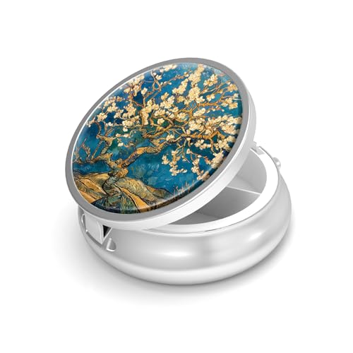 Image of Pill Box-3 Compartment Small Pill Case for Purse & Pocket Mini Metal Pill Holder Travel Pill Container to Hold Supplements Vitamins BPA-Free (Almond Blossom-Van Gogh)