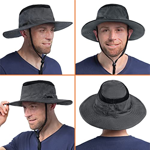 Sun Cube Wide Brim Sun Hat For Men Outdoor Sun Protection Boonie Hat | Adjustable Fit, Breathable Summer Hat For Safari Hiking Fishing - Dark Gray #TOP2
