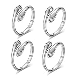 Pingyongchang 4 Pieces Hugging Hands Rings Gold Silver Hands Embrace Open Rings Adjustable Couple Hug Rings Romantic Lover Wedding Ring Mother's Day Jewelry Gifts-silver