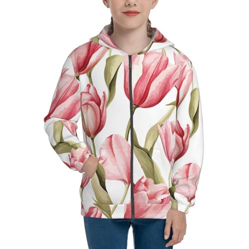 Hand Painted Watercolor Tuilp Kid Hoodies Boys Zip Up Sweatshirts Girls Pullover with Pocket3