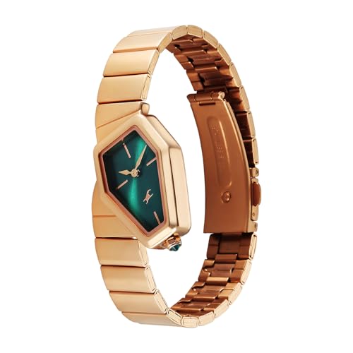Image of Fastrack Wild Viper-Inspired Unique Shaped Green Dial IP Rose Gold Stainless Steel Strap Watch for Women - 6323WM01