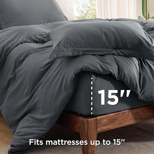Image of Bedsure Duvet Cover with Fitted Sheet King - 4 Pieces, Soft Double Brushed Bedding Set with Zipper Closure, Includes 1 Duvet Cover (104 inchx90 inch), 1 Fitted Sheet, 2 Pillow Shams, NO Comforter, Dark Grey