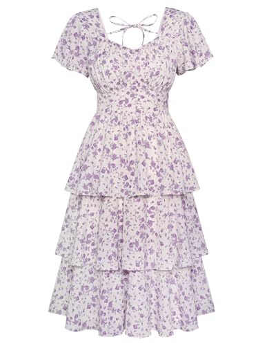 Image of Belle Poque Women's Vintage Square Neck Dress 2026 Summer Short Sleeve Layered Tiered Ruffle A-line Swing Midi Dress