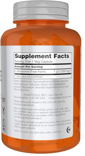 NOW Sports Nutrition, L-Glutamine, Double Strength 1,000 mg, Amino Acid, 120 Veg Capsules - Image 3