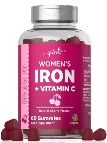 Iron Gummies for Women | 100% NRV Supplement with Vitamin C | High Strength 14mg Iron | Natural Cherry Flavour | Vegan 60 Gummies | PINK