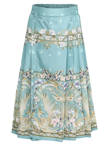 Eandarui Kids Girls Chinese Hanfu Mamianqun Skirt Horse Face Skirt Flower Phoenix Print Pleated Maxi Skirt Green 7-8 Years