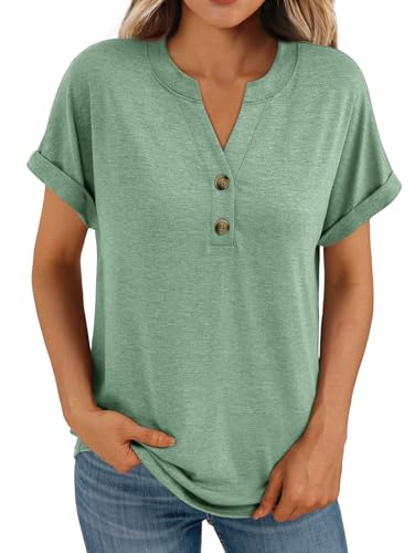 AUTOMET Short Sleeve Shirts for Women Dressy Casual Summer Tops 2026 Henley Spring Fashion Teacher School Outfits Work Blouses Trendy Cozy Cute Plus Size T-Shirts Business Clothes LitGreen L