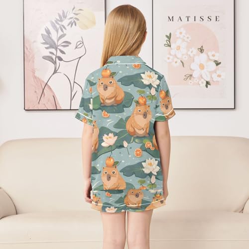 ALAZA Cute Capybara Water Lily Pajamas Satin Pajama Set Short Sleeve Button Down Sleepwear4