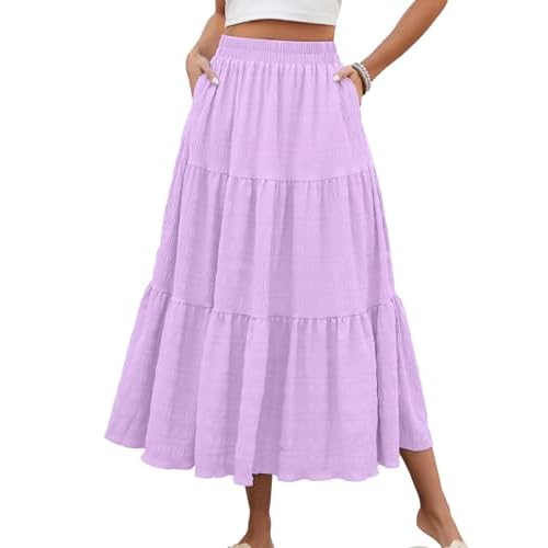 HUSKARY Women's Summer Casual Elegant Smock Layered Tiered Maxi Skirt High Waisted A Line Flowy Long Skirts with Pockets Large Light Purple