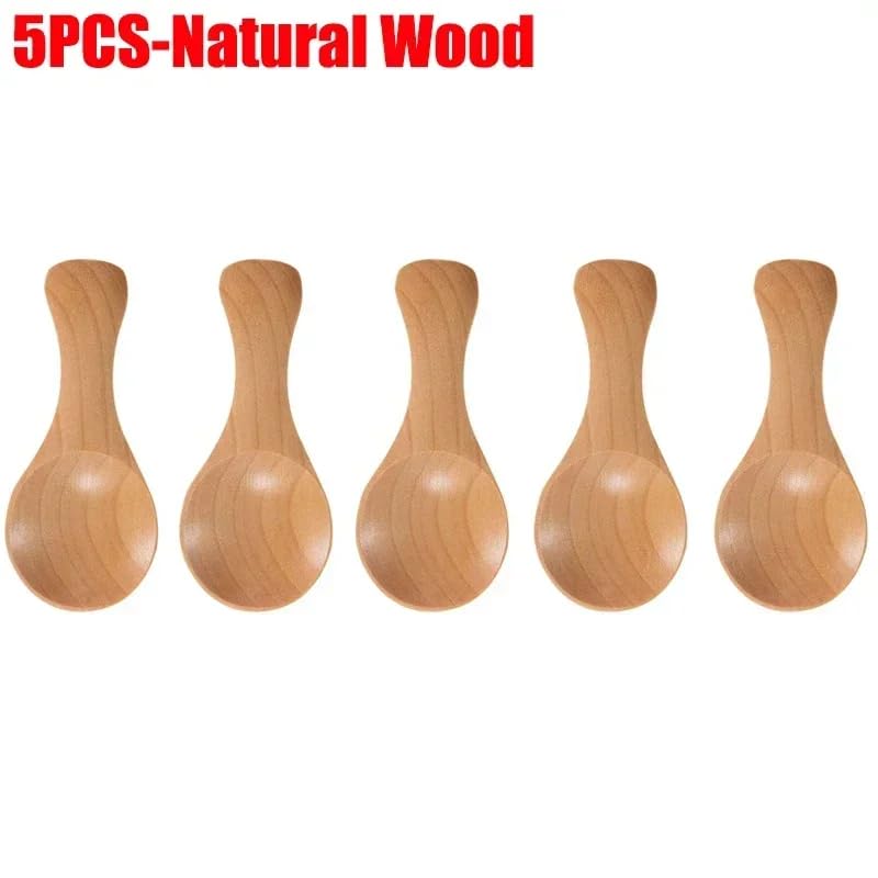 1-10 mini cucharas de madera para cocina, especias y condimentos, cucharillas de café y azúcar, cucharas de madera de mango corto para niños, vajilla para el hogar, 5 unidades, madera natural