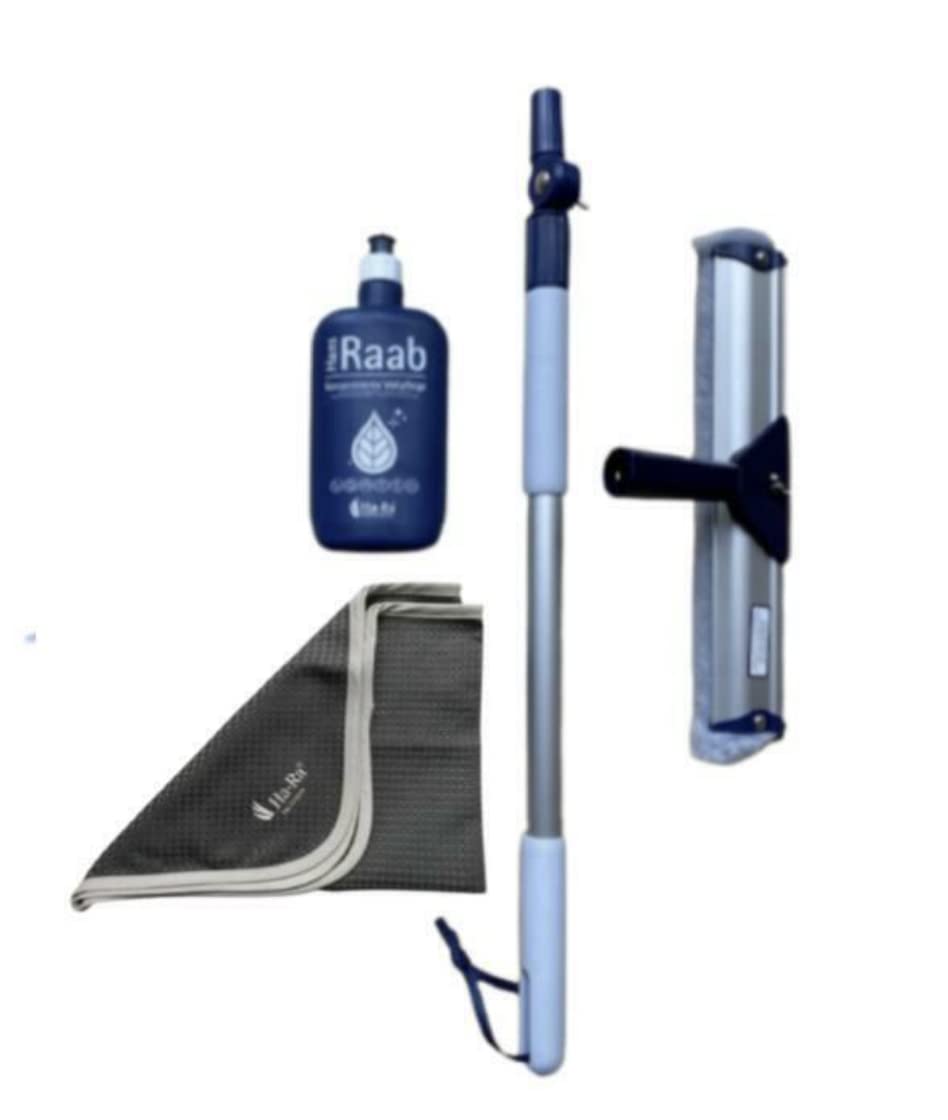 Ha-Ra Juego de limpieza para ventanas I limpiacristales estándar de 32 cm, paño de microfibra para martillo, 50 x 67 cm, barra telescópica ajustable (0,66 – 1,00 m), cuidado completo, 500 ml, accesorios para limpieza de ventanas