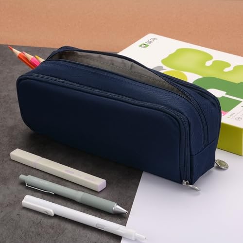 Image of Large Capacity Special Aesthetic Pencil Case Organizer with 3 Compartments, Big Preppy School Pencil Pouch Bag for Girls Women Adults, Pencil Holder Pen Pouch Cases (navy blue)