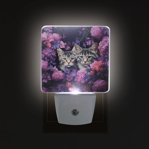 Image of Cats Purple Flower Night Lights 2 Pack Plug-in Wall Led Nightlight Auto Dusk-to-Dawn Sensor Lamps for Bedroom Kitchen Bathroom