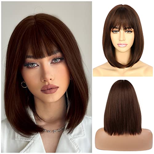 Sapphirewigs Dark Brown Wigs for Women Bob Wig with Bangs Short Shoulder Length Daily Party Hair Natural Looking 14 inch
