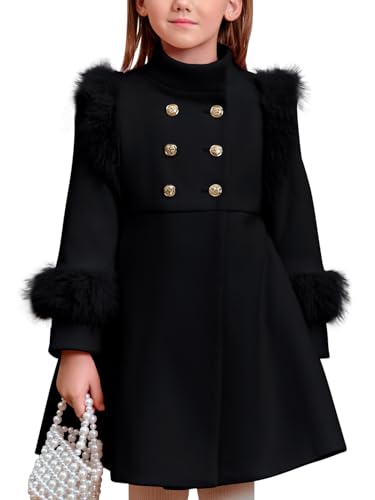 Image of Haloumoning Toddler Girls Faux Fur Dress Coat Kids Winter Warm Jacket Long Sleeve Button Wool Coat 1-8 Years