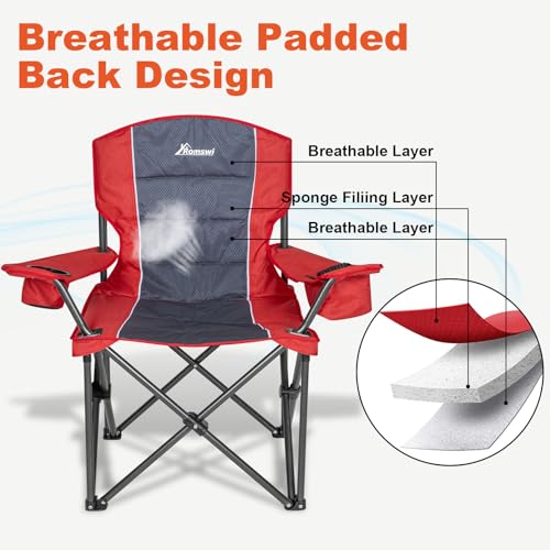 Image of Romswi Oversized Camping Chairs,Heavy Duty Support 500 LBS,Padded Back & Arm Sport Chairs, Cup Holder Cooler Bag, Collapsible Folding Chairs for Outdoor, Fishing & Garden, Red,2-Pack