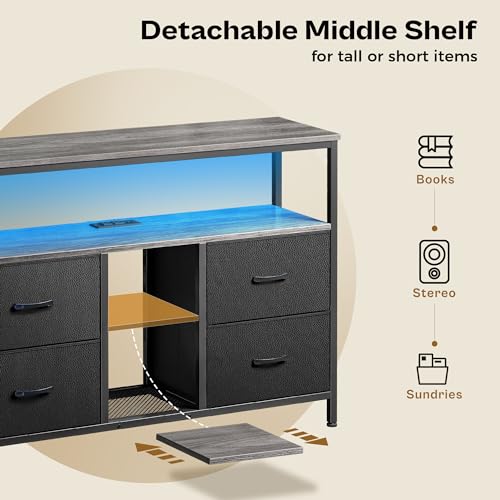 image for Huuger TV Stand Dresser with Power Outlets and LED Lights, 4 Drawers E