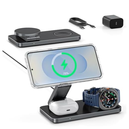 3-in-1 Ladestation für Samsung, Faltbar Kabelloser Ladegerät für Galaxy S26/S25/S24/S23/Z Fold/Flip Serie, Galaxy Watch Ultra/8/7/6/5, Galaxy Buds Pro/3/2, Inkl. 20W Netzteil-Schwarz