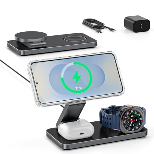 Station de Charge 3-en-1 pour Samsung, Chargeur sans Fil magnétique Pliable 15W Compatible pour Galaxy S25/S24/S23 et Z Fold/Flip, Galaxy Watch & écouteurs...
