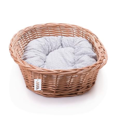 Wiklinowy Świat - Weidenbett für Haustiere, Weidenkorb Hundebett Katzenbett - Natürlich warm, atmungsaktiv und stilvoll - Verschiedene Größen 66x47x15cm - grau gepunktetes Kissen